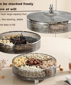 Light Luxury Style Triple Layer Divided Nut Serving Tray With Lid 360-degree Rotation Candy Snack Plate Plastic Snack Platter