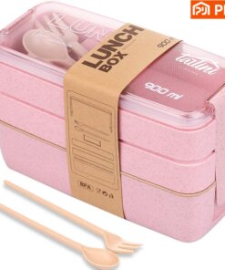 3-In-1 Compartment Wheat Straw Bento Box Reusable Tableware Lunch Containers Meal and Snack Food Containers Portable Lunch Box